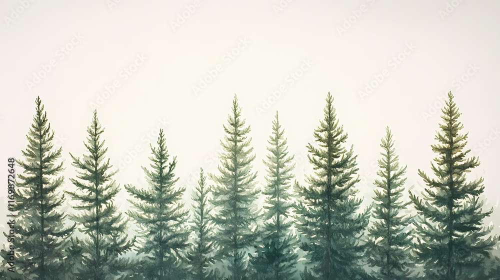 Obraz premium A watercolor painting of tall evergreen trees against a light background, depicting a serene forest scene. Evergreen. Illustration