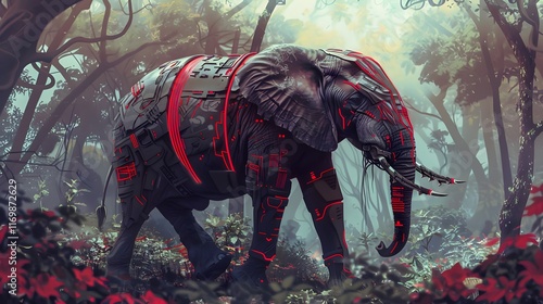 A hybrid African elephant adorned with red stripes roaming through the forest, depicted in a captivating biopunk style