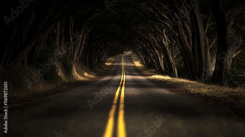 A road stretching towards the horizon, lined with trees on either side, illustrating the path to achieving personal goals and dreams  photo