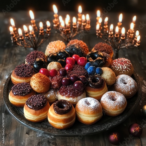 A Hanukkah doughnut platter with a mix of classic and creative Sufganiyot, surrounded by menorah candles and dreidels, Festive, Warm tones, Family-friendly. photo