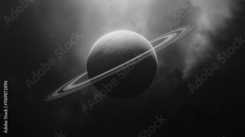Fototapeta Naklejka Na Ścianę i Meble -  Ringed Planet BW, Monochromatic view of a ringed planet, cosmic elegance.