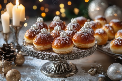 A premium selection of Hanukkah desserts, with intricately designed Sufganiyot alongside elegant holiday decorations photo