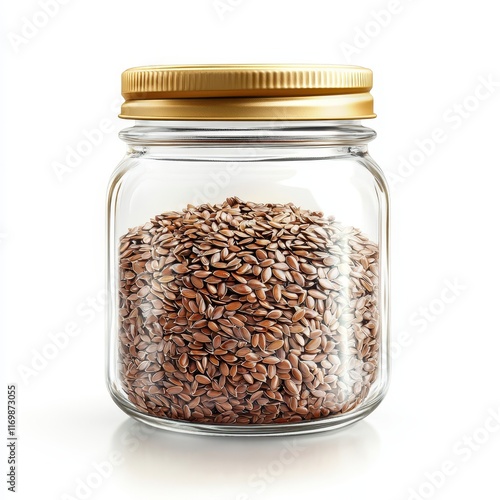 Flaxseeds in a glass jar, chic vegan ingredient storage idea, simple design, isolated on white background photo