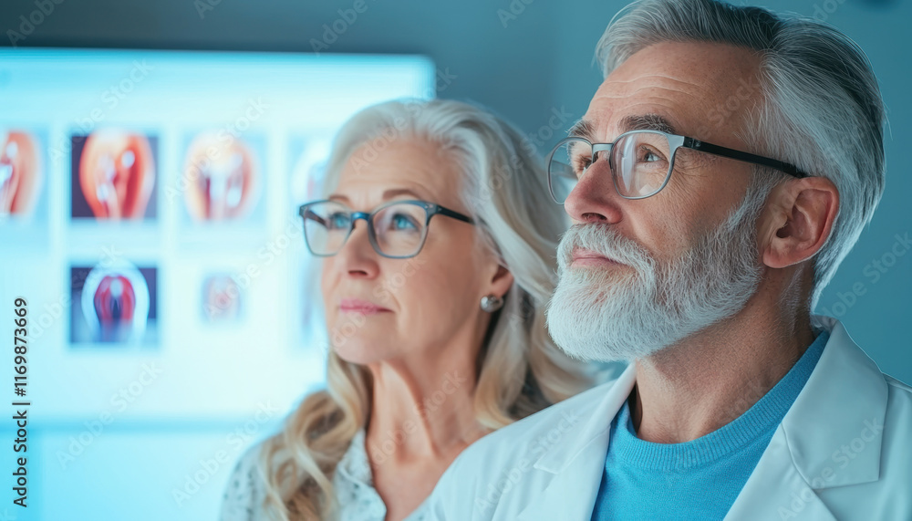 Obraz premium Senior couple in medical setting, observing health images with concern. man wears glasses and lab coat, while woman has long gray hair and glasses