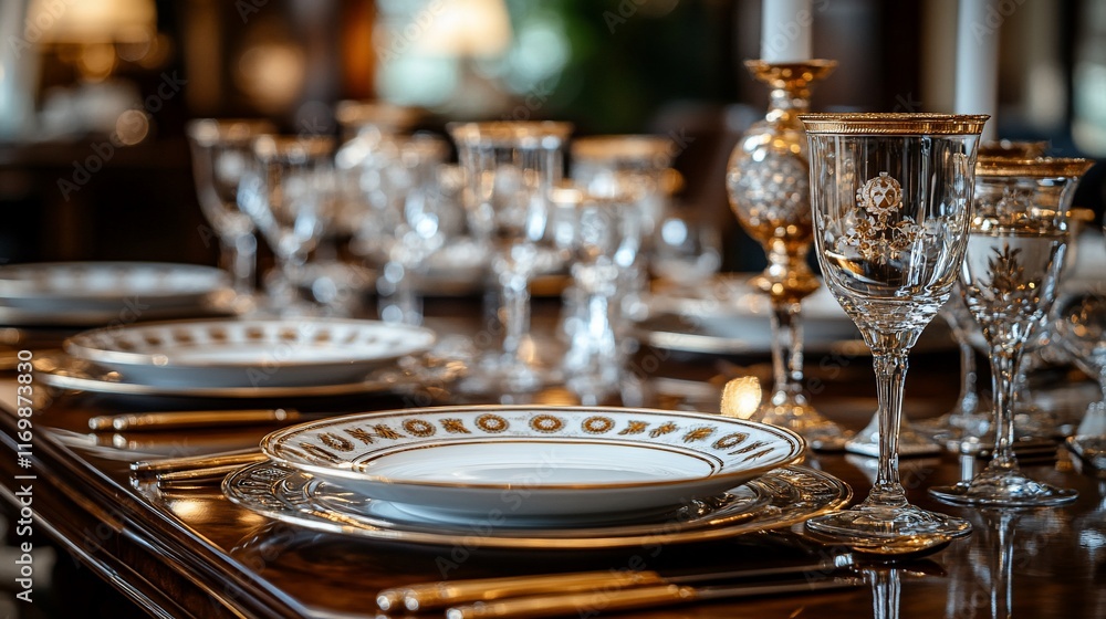 Elegant Gold Trimmed Dinnerware and Crystal Glassware Elegant Gold Trimmed Dinnerware and Crystal Glassware