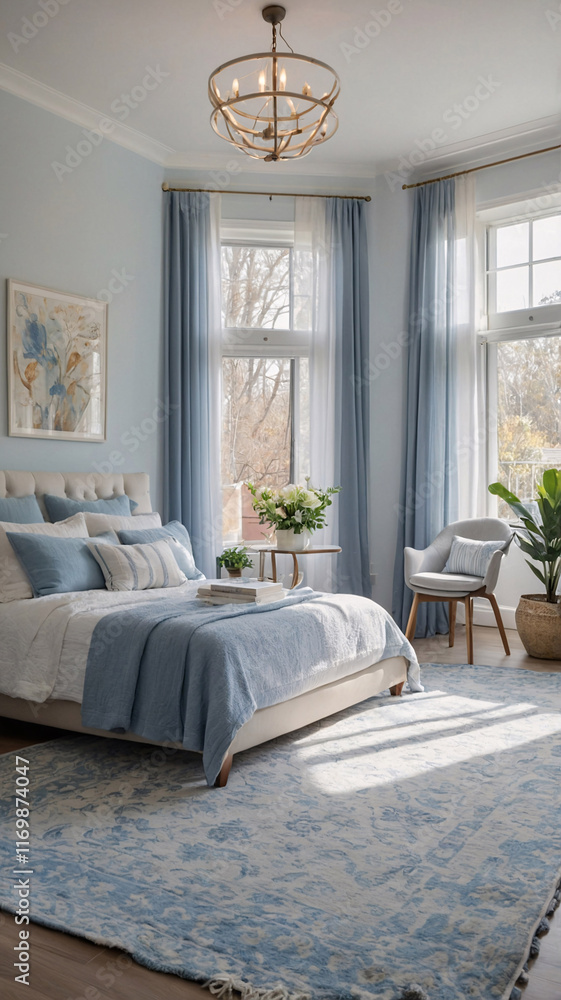 Fototapeta premium Luxurious pastel blue themed modern bedroom with bed blanket pillow large window plush rug and high end decorative accents