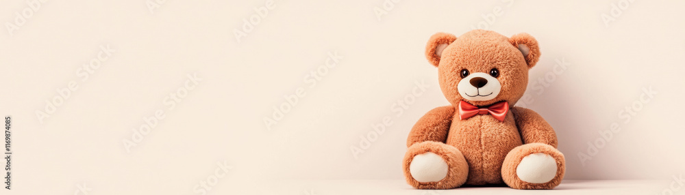 Obraz premium plush teddy bear with bow tie sits alone against smooth background, evoking feelings of warmth and nostalgia. This adorable companion is perfect for gifts or decor