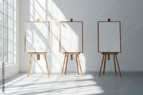 Three blank canvases on wooden easels in a bright room. Perfect for showcasing artwork, presentations, or mockups. photo