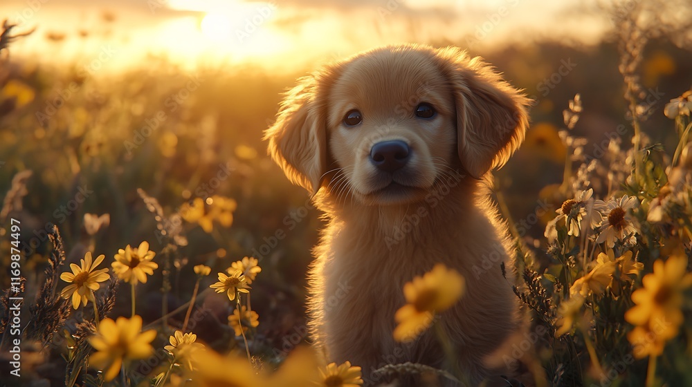 Golden puppy playing in a flower field at sunset nature scene Golden puppy playing in a flower field at sunset nature scene