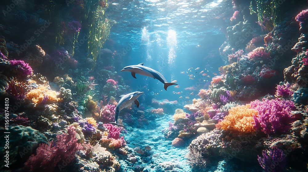 Fototapeta premium Dolphins swimming in vibrant coral reef underwater nature scene