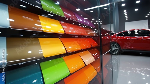 Car color change film color card display board showcasing a variety of spray paint colors for automotive body customization. A visually appealing spray paint color display wall 