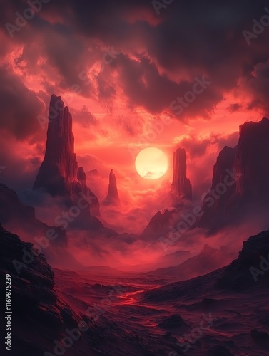 A red sunset over a mystical landscape with tall rock formations and fog.