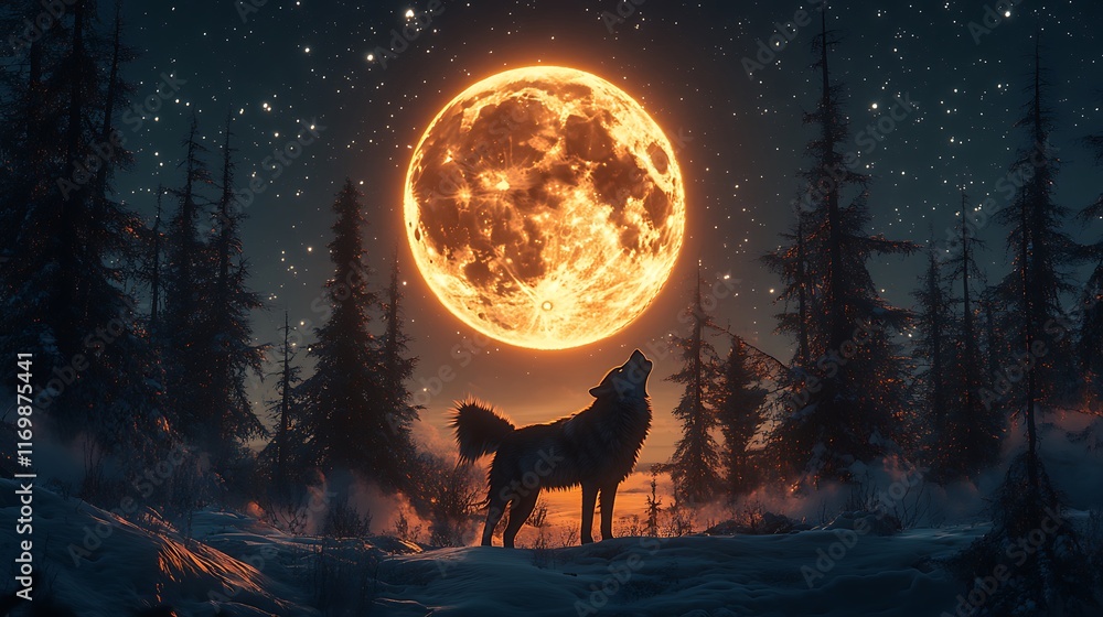 Wolf howling under bright full moon enchanted forest nightscape Wolf howling under bright full moon enchanted forest nightscape