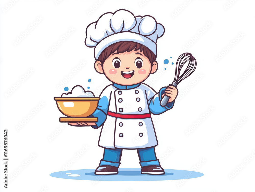 cheerful child dressed as chef, holding whisk and bowl filled with ingredients, ready to cook. playful scene captures joy of cooking and creativity in kitchen cheerful child dressed as chef, holding whisk and bowl filled with ingredients, ready to cook. playful scene captures joy of cooking and creativity in kitchen