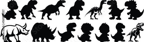 Dinosaur silhouettes set, prehistoric pack of vector silhouette design, isolated background