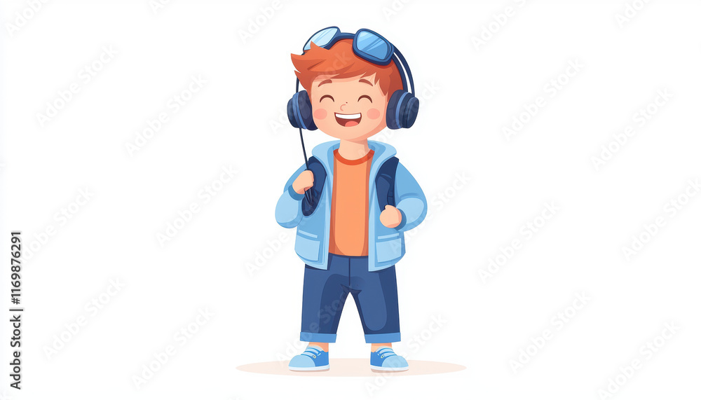 Happy child wearing headphones and blue jacket, smiling joyfully. boy exudes playful vibe, showcasing fun and carefree spirit Happy child wearing headphones and blue jacket, smiling joyfully. boy exudes playful vibe, showcasing fun and carefree spirit