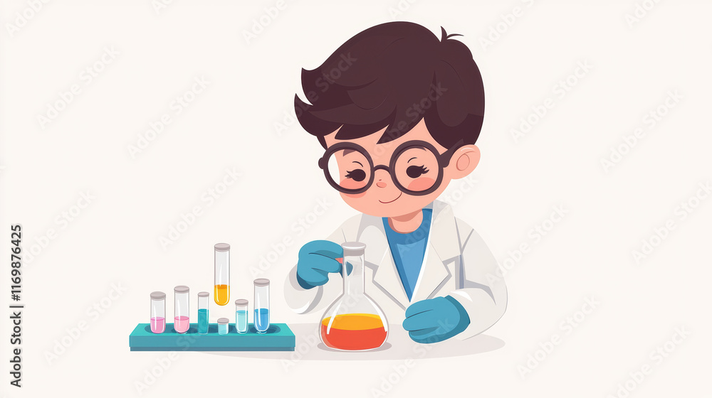 child scientist in lab coat conducts experiment with colorful liquids in test tubes, showcasing curiosity and excitement in playful setting child scientist in lab coat conducts experiment with colorful liquids in test tubes, showcasing curiosity and excitement in playful setting