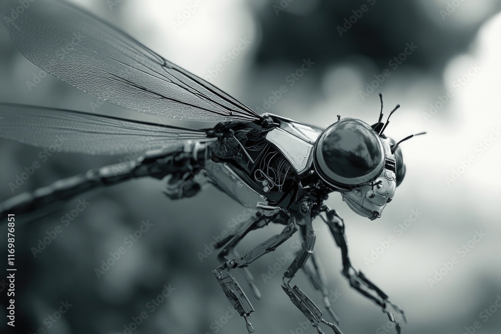 Fototapeta premium Cybernetic bug with robotic parts, on gray background.