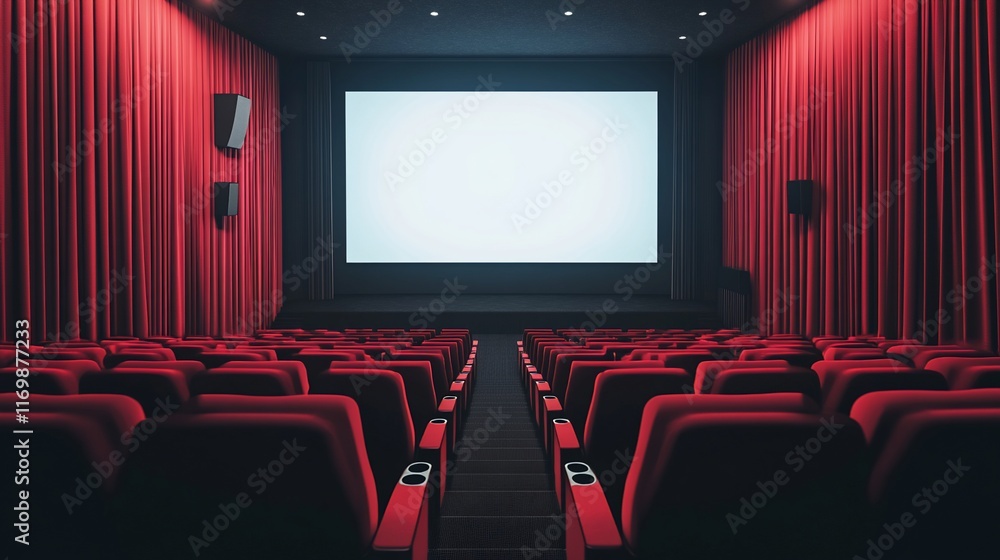 Empty Cinema Theater: Red Seats, Blank Screen, and Velvet Curtains Empty Cinema Theater: Red Seats, Blank Screen, and Velvet Curtains