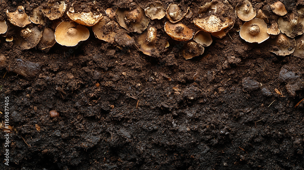 A close-up of autumnal mushrooms growing from moist soil surrounded by fallen leaves symbolizing the cycle of life, nature's rebirth and decay with caption space on the side A close-up of autumnal mushrooms growing from moist soil surrounded by fallen leaves symbolizing the cycle of life, nature's rebirth and decay with caption space on the side