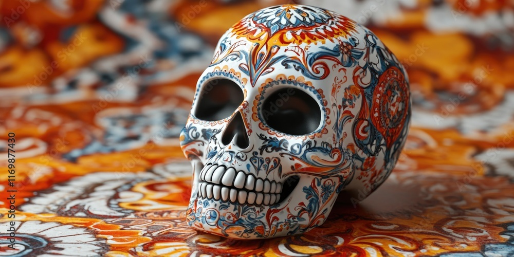 Fototapeta premium A vibrant ceramic skull decoration with intricate patterns, a symbol often associated with Mexican celebrations of the Day of the Dead.