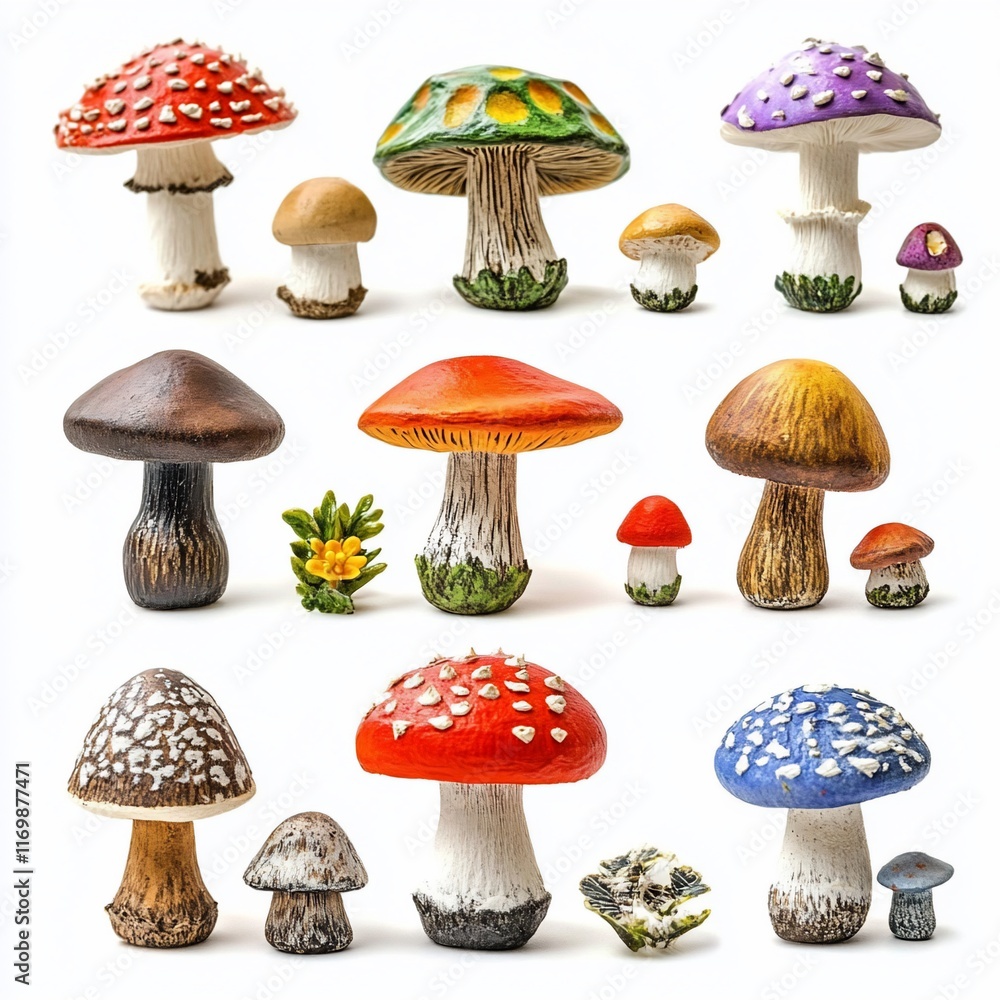 Collection of Colorful Miniature Mushrooms Collection of Colorful Miniature Mushrooms