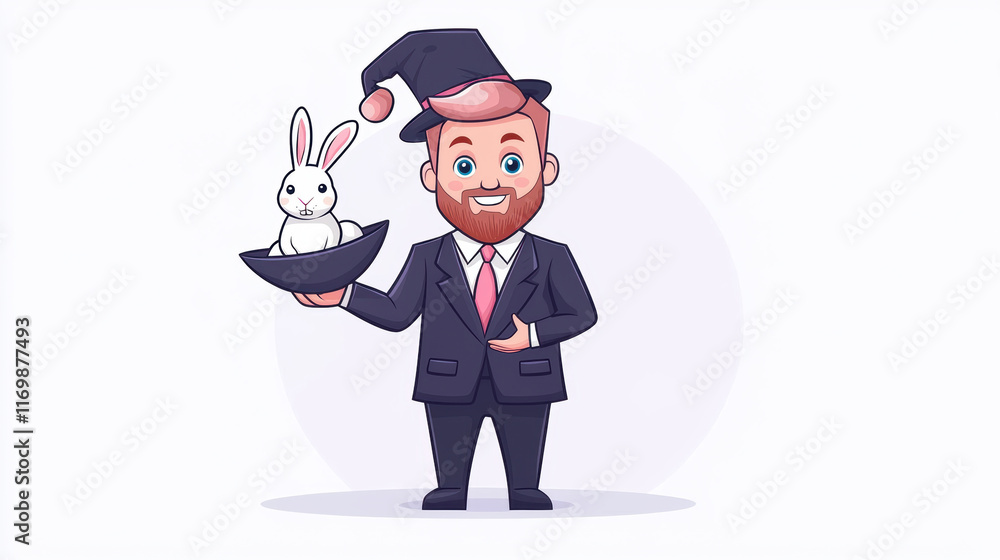 cartoon magician in suit pulls rabbit from hat, showcasing playful and whimsical scene. character cheerful expression adds to magic of moment cartoon magician in suit pulls rabbit from hat, showcasing playful and whimsical scene. character cheerful expression adds to magic of moment