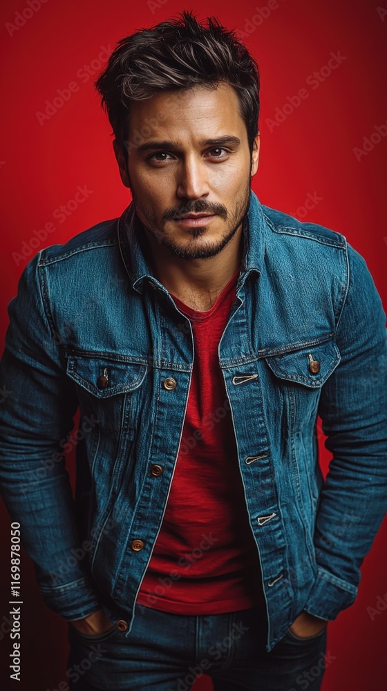 Fototapeta premium Confident Man in Denim Against Red Background