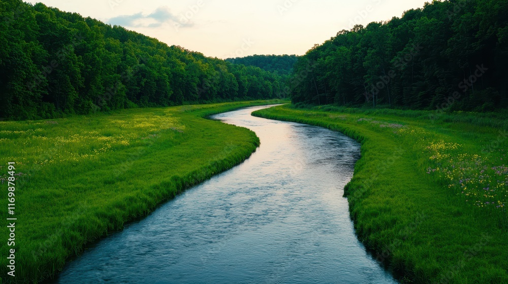 Serene River Curving Through Lush Green Forest Landscape at Sunset Serene River Curving Through Lush Green Forest Landscape at Sunset