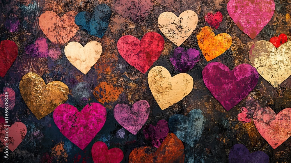 Obraz premium Digital illustrations of hearts in various sizes and colors make up a Valentine's Day background, a close-up of shapes, a playful mix of hearts, perfect for a romantic banner or header design.
