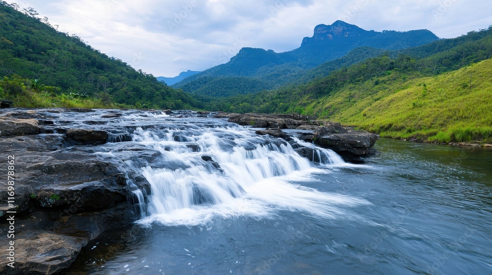 Serene Mountain Landscape with Flowing River and Waterfall Scene Serene Mountain Landscape with Flowing River and Waterfall Scene