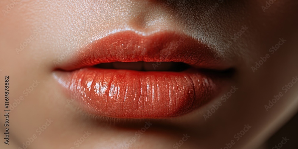 Fototapeta premium Vivid pink lipstick on a person's lips, close up shot emphasizing texture and glossiness.