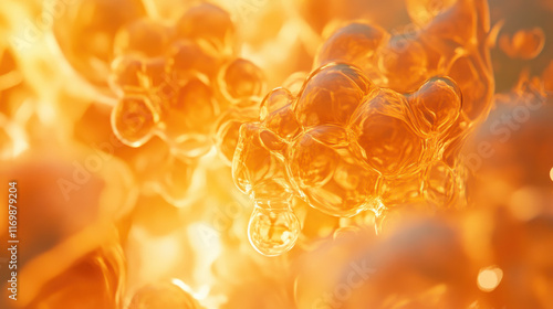 A high-resolution stock image of molecular structures interconnected with translucent surfaces, glowing golden and warm orange tones, highlighted by soft sunlight