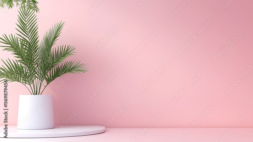 Minimalist Palm Plant in White Pot Against Pink Wall
