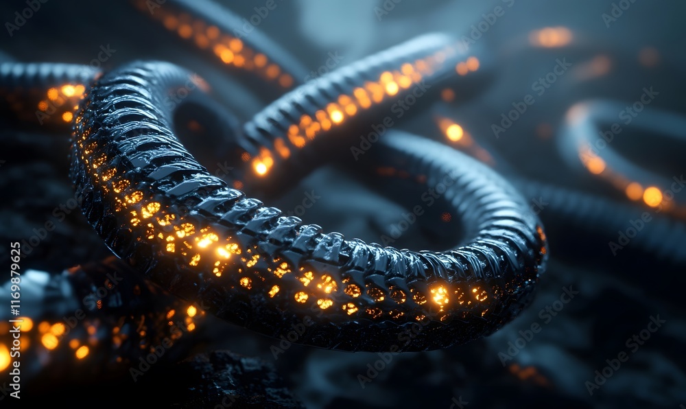 Obraz premium Glowing, intricate, dark metallic coils.
