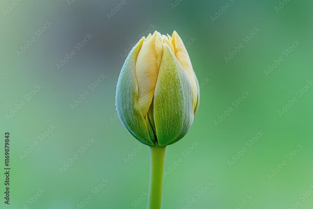A vibrant yellow tulip flower bud on a green stem, with droplets of water and dew in the morning light. A vibrant yellow tulip flower bud on a green stem, with droplets of water and dew in the morning light.