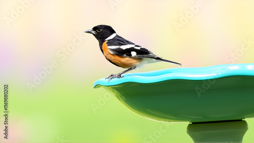 Grosbeak sitting on edge of birdbath with colorful background photo