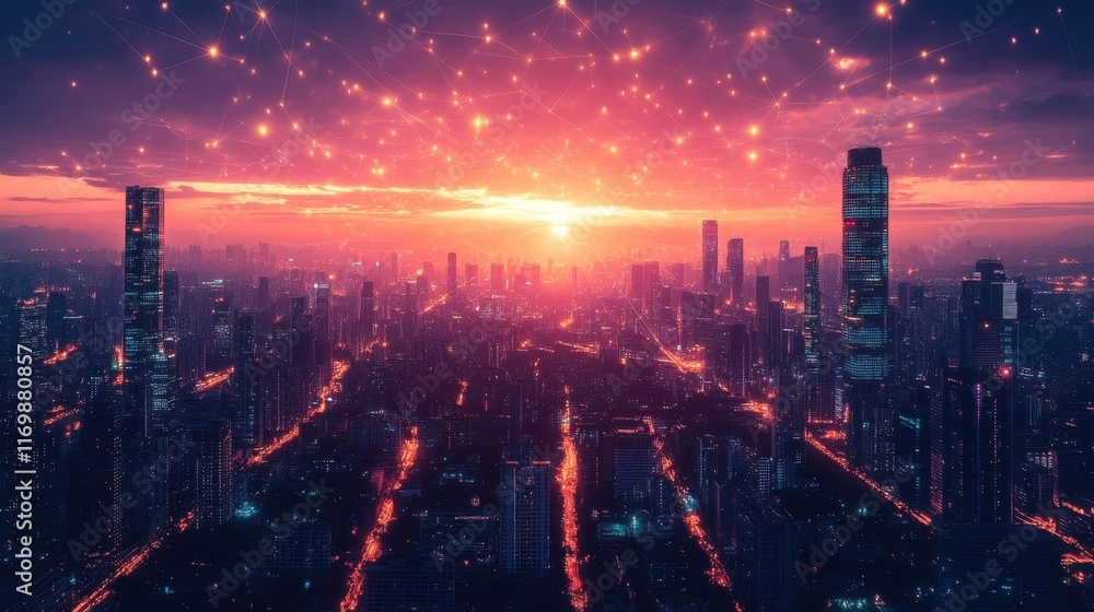 Fototapeta premium Urban Dawn: A Gigapixel Cityscape at Sunrise, Networked.