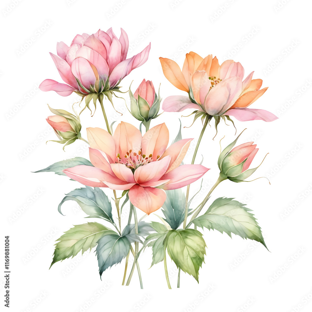 Obraz premium Delicate Watercolor Bouquet of Blossoms and Buds