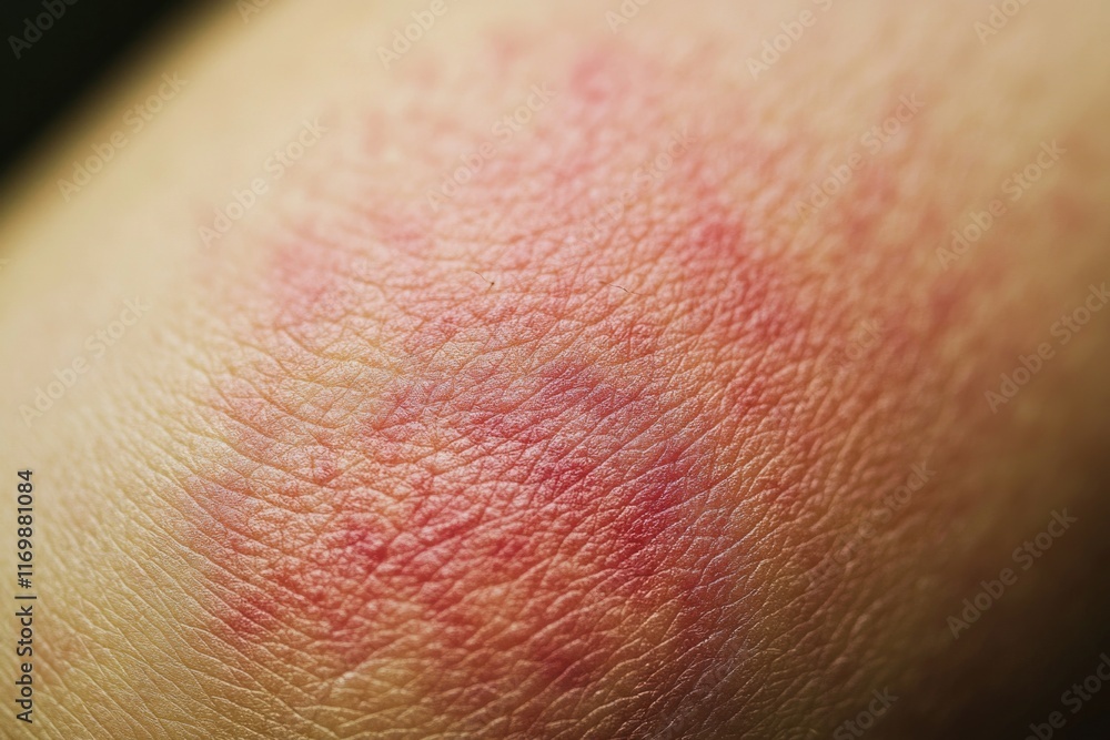Fototapeta premium Close-up of skin rash on arm, showing acne, redness and inflammation.