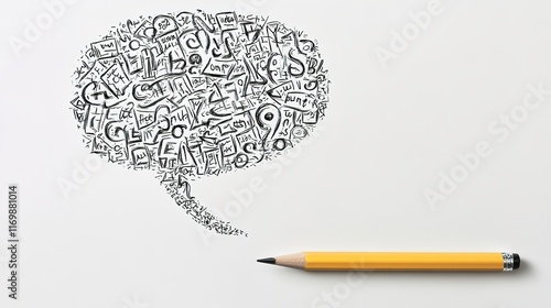 Clipart-style speech bubble overflowing with a jumbled mix of words and letters symbolizing language confusion, paired with a pencil and notebook containing unintelligible scribbles,  photo