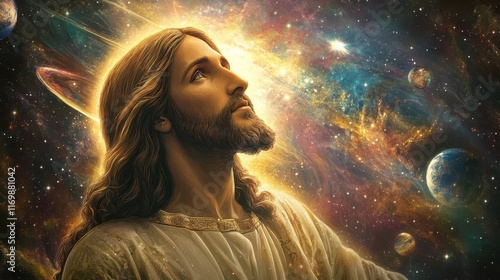 A divine Christian-themed art piece featuring Jesus glowing against a cosmic backdrop, with planets and stars accentuating His presence