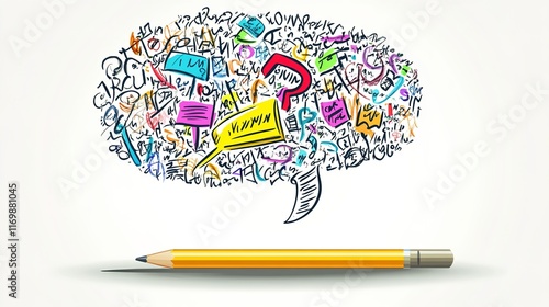 Clipart-style speech bubble overflowing with a jumbled mix of words and letters symbolizing language confusion, paired with a pencil and notebook containing unintelligible scribbles,  photo