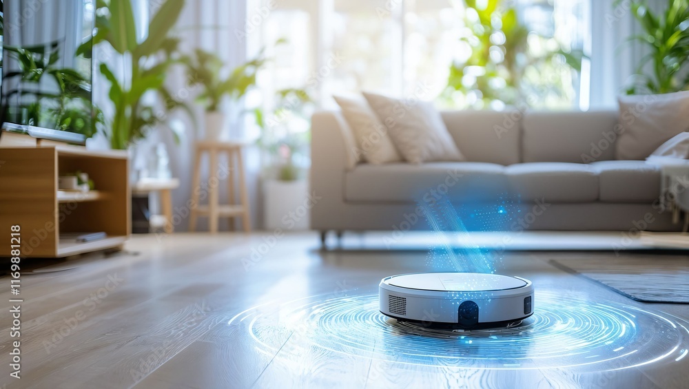 A Cutting-Edge Robotic Vacuum in a Bright Contemporary Living Room: Effortlessly Cleaning While Radiating High-Tech Vibes Amongst Lush Greenery and Cozy Comfort A Cutting-Edge Robotic Vacuum in a Bright Contemporary Living Room: Effortlessly Cleaning While Radiating High-Tech Vibes Amongst Lush Greenery and Cozy Comfort
