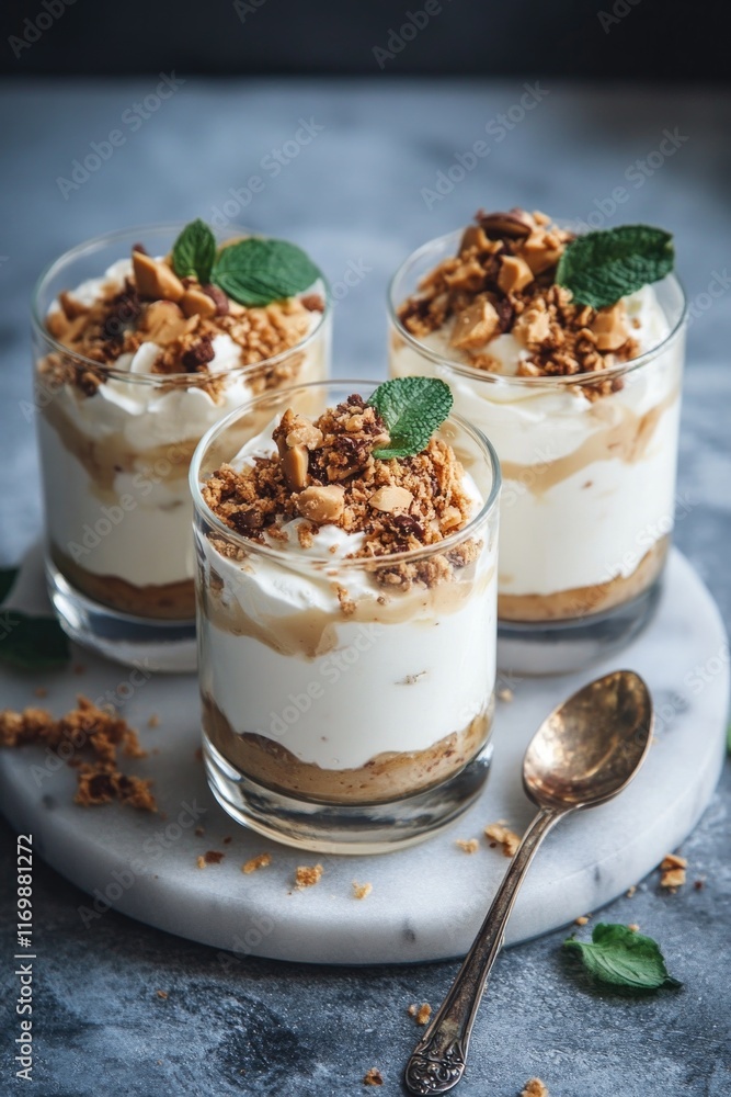 Sweet dessert in glass cups on a white plate, garnished with mint leaves. Sweet dessert in glass cups on a white plate, garnished with mint leaves.