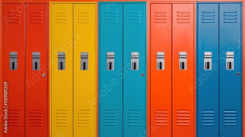 Colorful Row of School Lockers in Bright Red, Yellow, and Blue