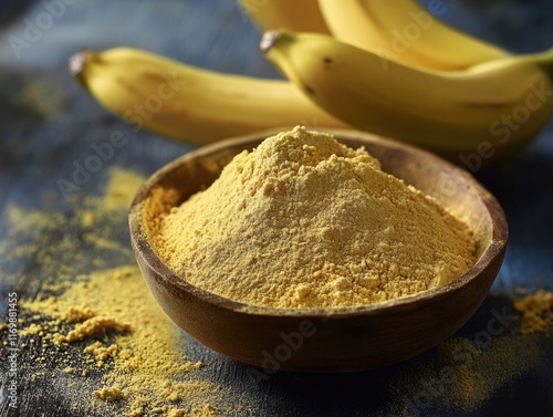 A wooden bowl containing yellow banana powder with a bunch of ripe bananas beside it, emphasizing the healthy ingredient. photo