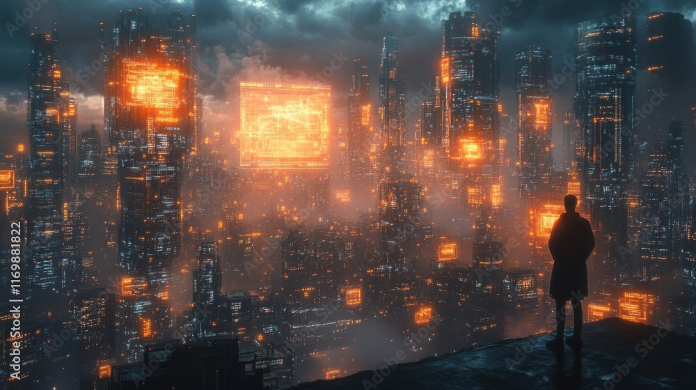 Fototapeta premium A lone figure observes a futuristic city glowing with warm orange lights at night, a cyberpunk dreamscape.