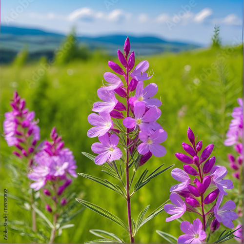 Blooming Willow herb flowers, Ivan chaj tea on blue sky. Willow herb meadow. Chamaenerion angustifolium flowers.Selective focus with shallow depth of field photo