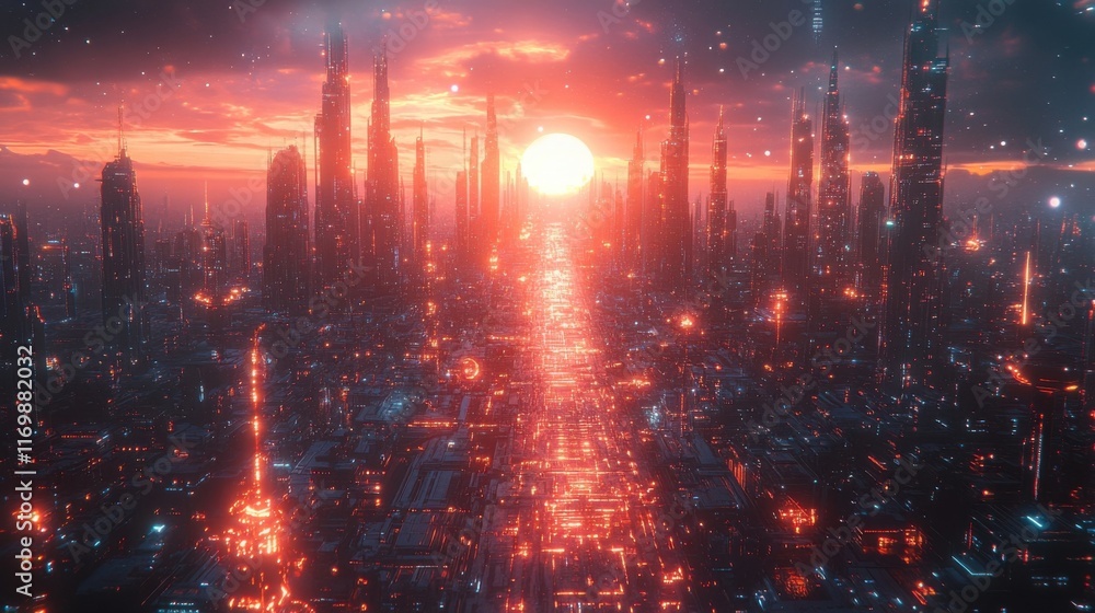 Naklejka premium Futuristic Cityscape at Sunset: Glowing Towers and Streets